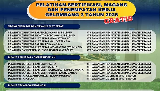 Dinas Koperasi UKM dan Tenaga Kerja Balangan Buka Pelatihan Gratis Gelombang 3 Tahun 2025, Siapkan SDM Siap Kerja!